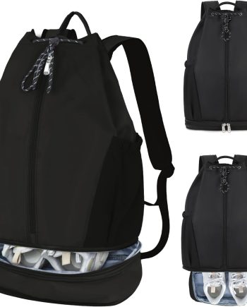 Gym Drawstring Backpack with Shoe Compartment – Waterproof Sports Bag, Lightweight & Breathable for Gym, Travel, Yoga | Large Capacity, Foldable Design Black