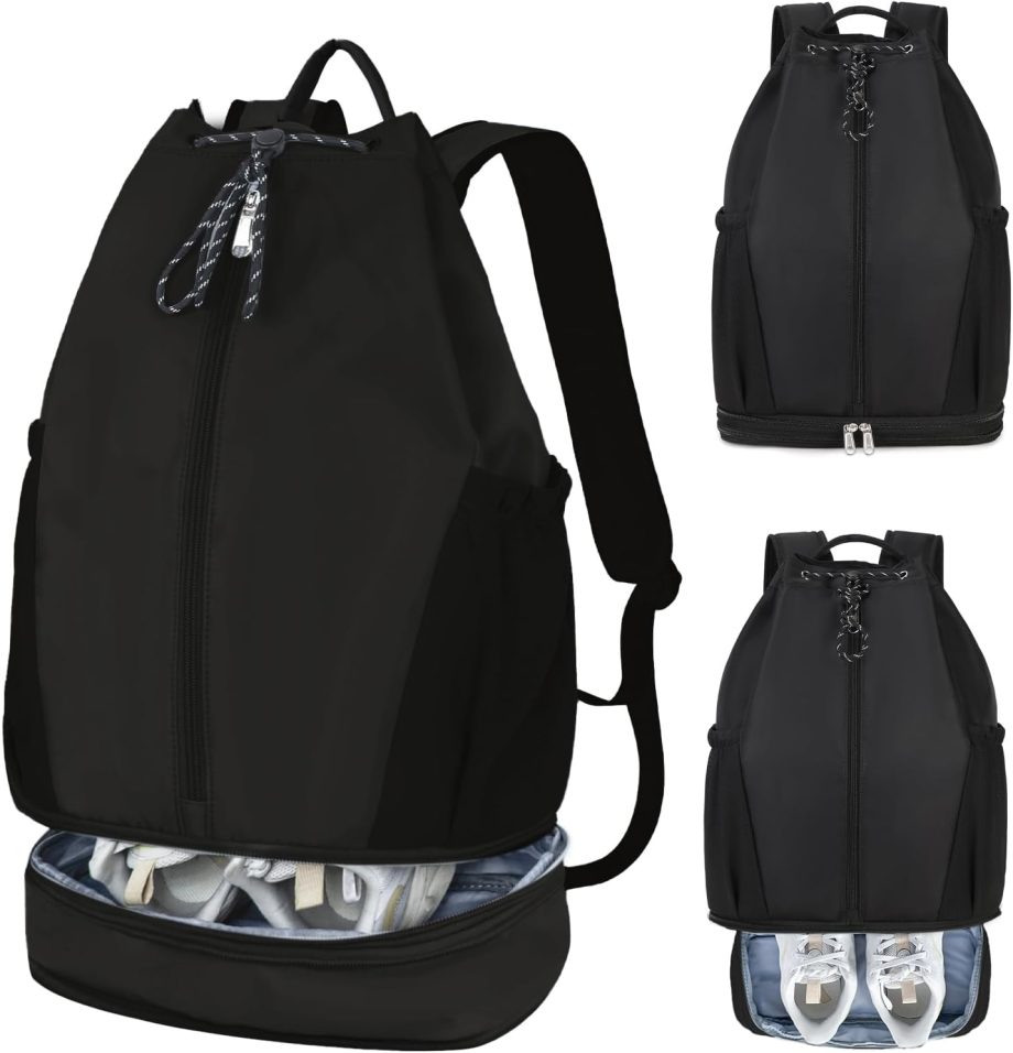 Gym Drawstring Backpack with Shoe Compartment – Waterproof Sports Bag, Lightweight & Breathable for Gym, Travel, Yoga | Large Capacity, Foldable Design Black
