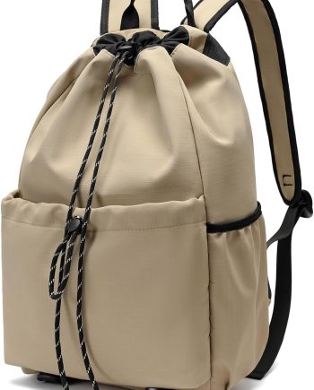 Casual Drawstring Backpack, 22L String Bag Gym Backpacks for Men Women, Water-Resistant Sports Bag Workout Backpack for Beach Swim Hiking Basketball Outdoor Activities Carry Everywhere, Khaki