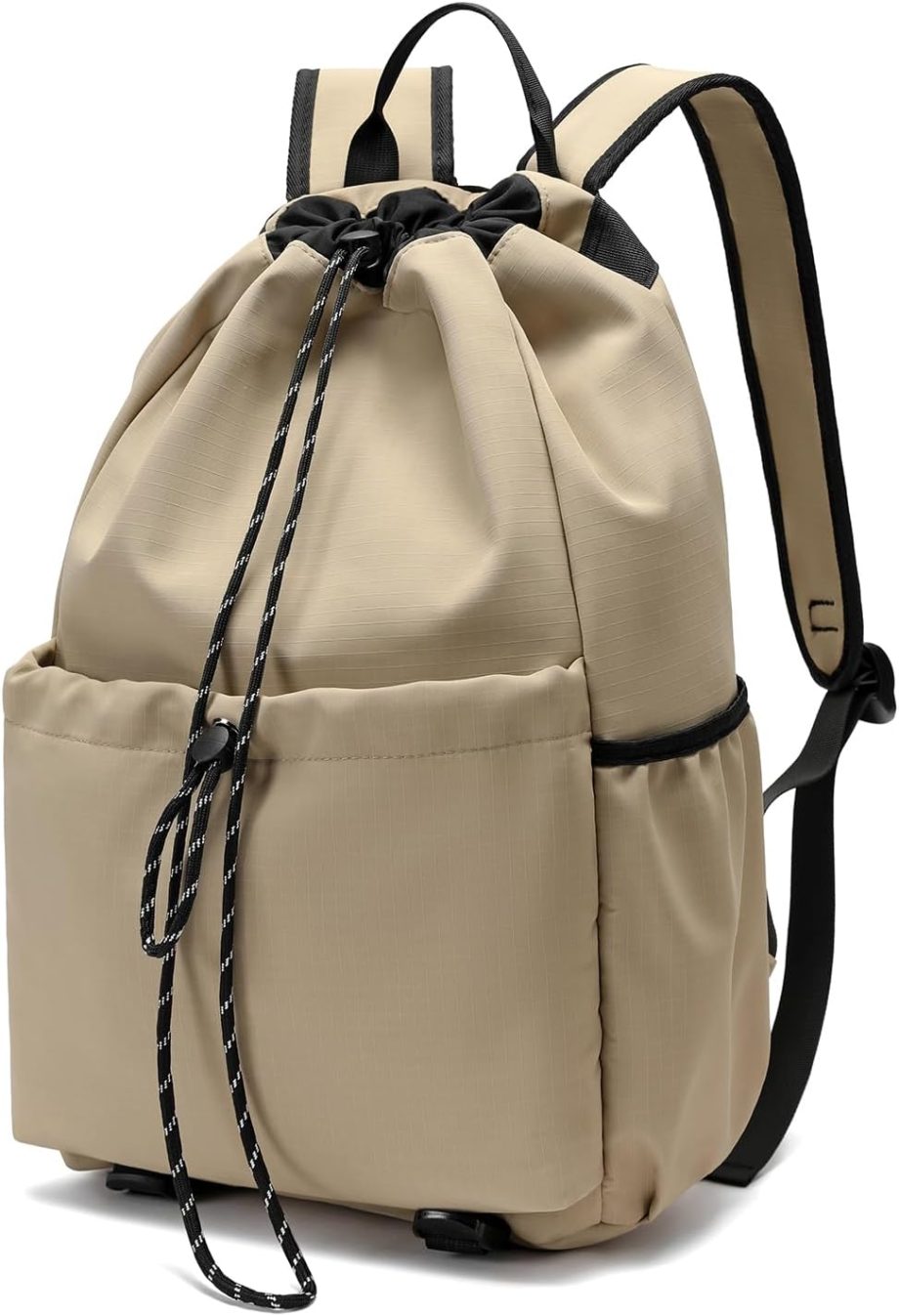 Casual Drawstring Backpack, 22L String Bag Gym Backpacks for Men Women, Water-Resistant Sports Bag Workout Backpack for Beach Swim Hiking Basketball Outdoor Activities Carry Everywhere, Khaki