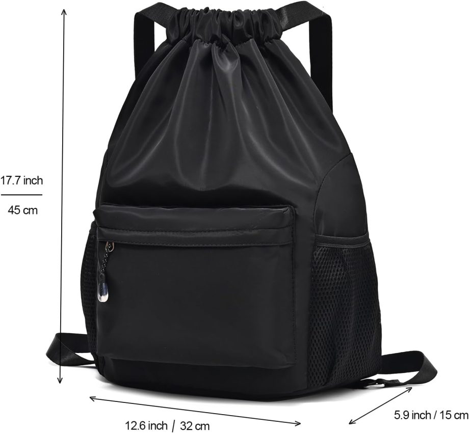 Black Drawstring Backpack for Women, Waterproof Drawstring Gym Bag for Men, Small Cinch Sack for Basketball, Pull String Sport Bag for Soccer.