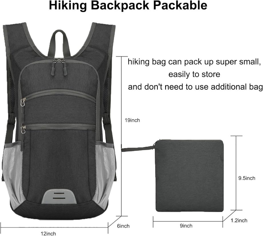 15L Hiking Backpack Foldable Ultralight Hiking Pack Small Travel Backpackfor Women Men (Black)