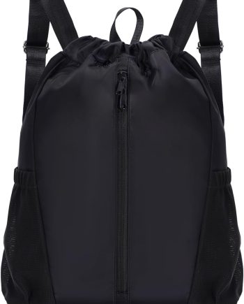 Drawstring Backpack Sports Gym Bag with Shoes Compartment, String Backpack Cinch for Women Men, Water-Resistant Drawstring Bag for Workout Travel, Lightweight, Black, Patent Pending