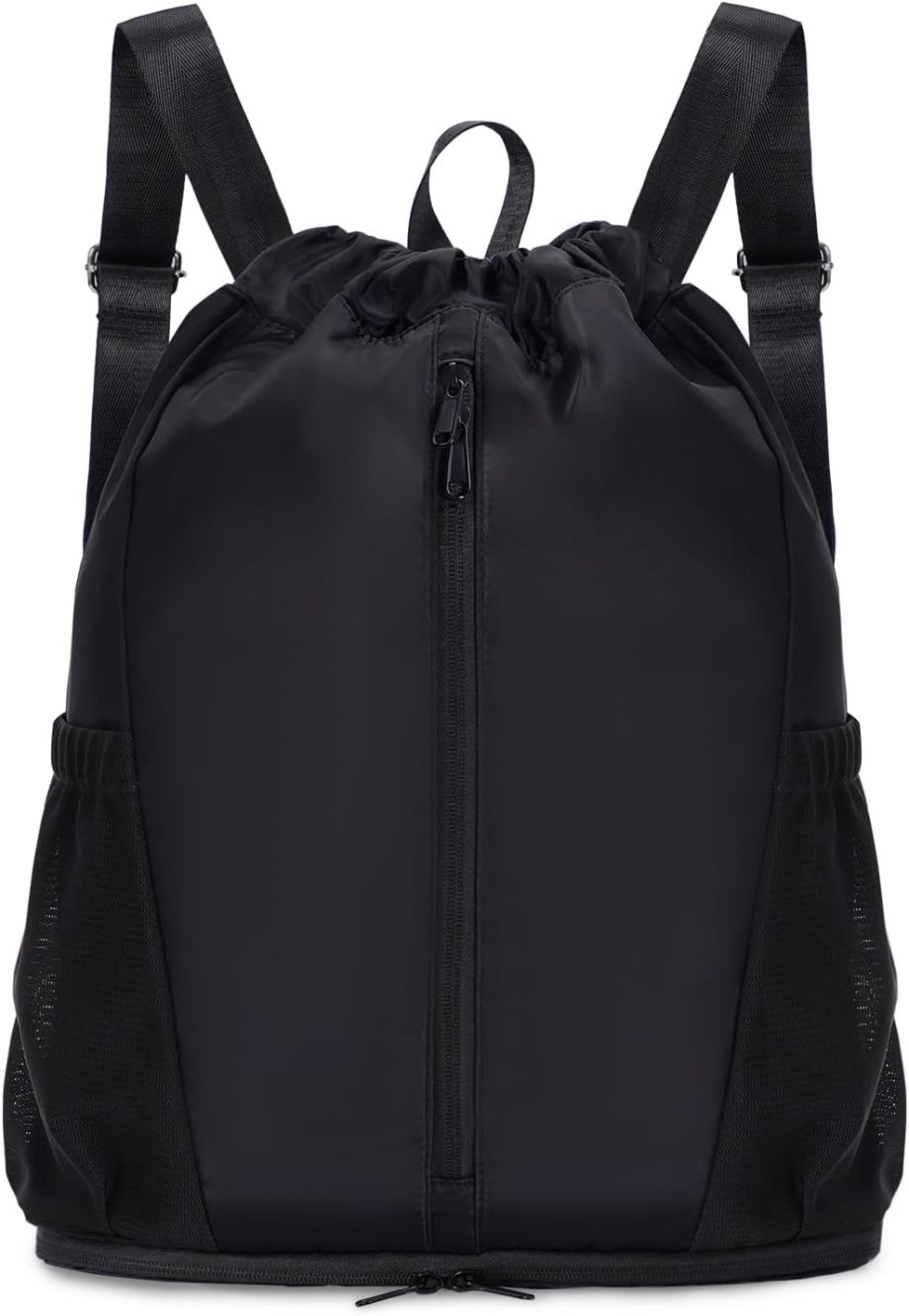 Drawstring Backpack Sports Gym Bag with Shoes Compartment, String Backpack Cinch for Women Men, Water-Resistant Drawstring Bag for Workout Travel, Lightweight, Black, Patent Pending