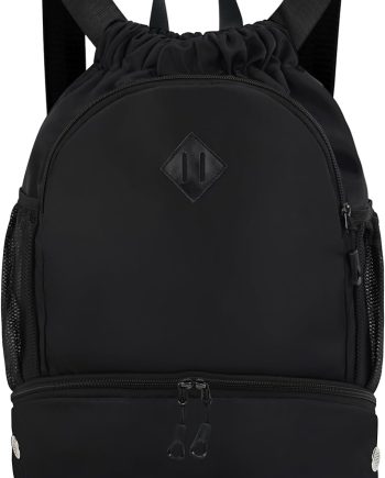 Drawstring Backpack Gym Backpack with Shoe Compartment for Men Women String Sports Bag with Wet Pocket Cinch Swim Beach Bag, Black (Patent Pending)