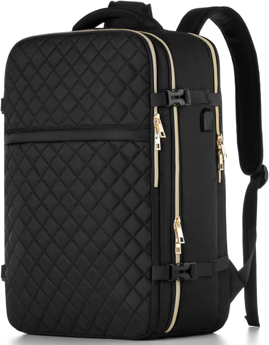 Large Travel Backpack Women, Flight Approved Carry On Backpack, Water Resistant Anti-Theft Casual Daypack School Bag Fit 17 Inch Laptop with USB Charging Port, Black