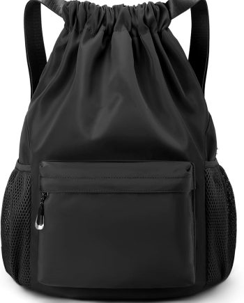 Black Drawstring Backpack for Women, Waterproof Drawstring Gym Bag for Men, Small Cinch Sack for Basketball, Pull String Sport Bag for Soccer.