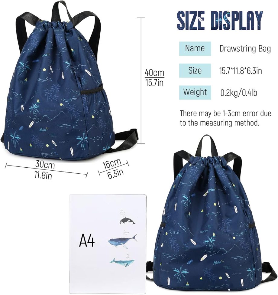 Drawstring Backpack for Kids - Coconut Tree Bags for Girls Mini Gym Dance Beach Swim Tl Bag With Two Water Bottle Holder Dark Blue Clinch Bag