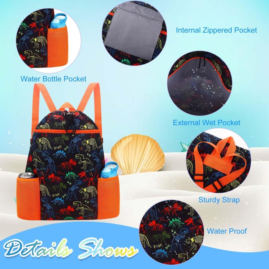 Dinosaur Drawstring Backpack for Kids - Drawstring Bags for Girls Swim Bag for Beach Swimming Pool Lightweight Draw String Bags Waterproof Sports Gym Bag With Two Water Bottle Holder