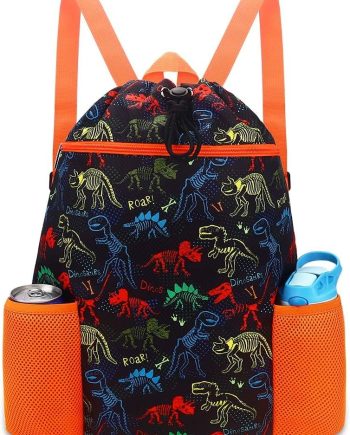Dinosaur Drawstring Backpack for Kids - Drawstring Bags for Girls Swim Bag for Beach Swimming Pool Lightweight Draw String Bags Waterproof Sports Gym Bag With Two Water Bottle Holder