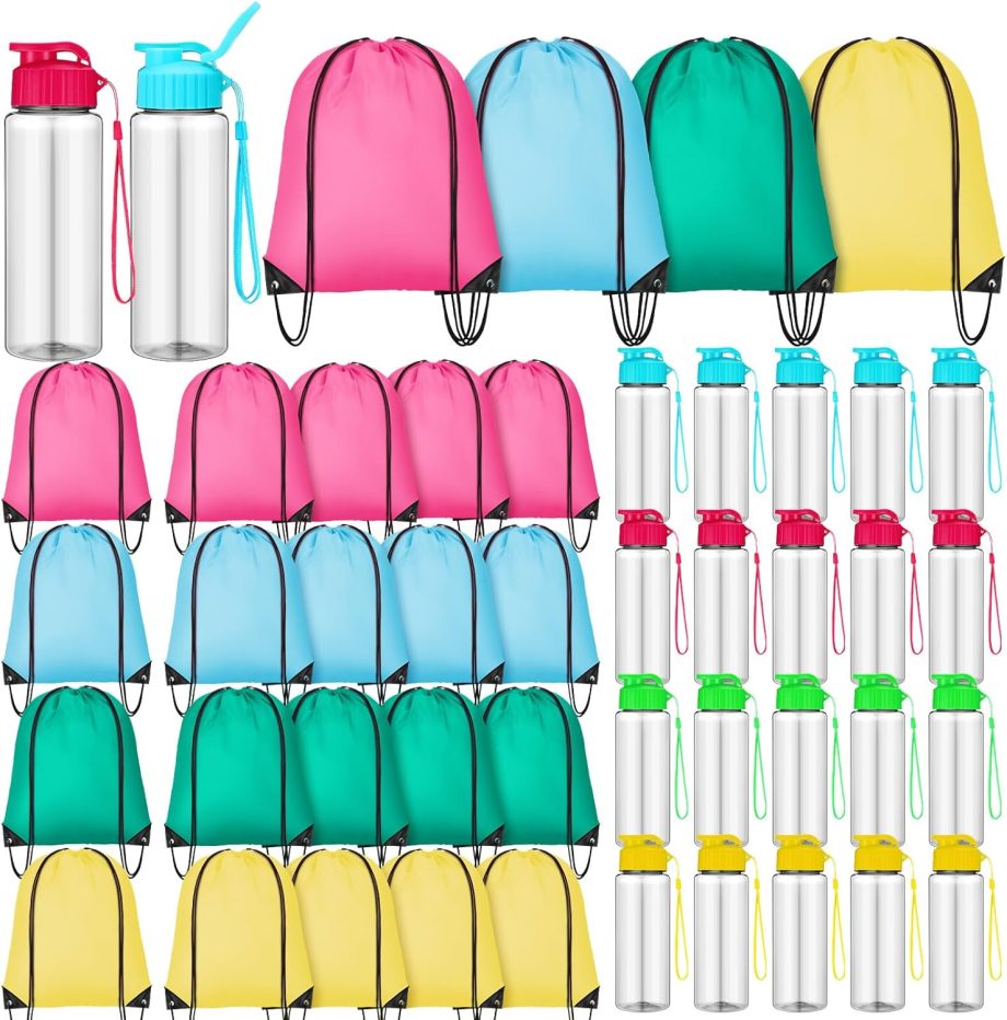 40 Pcs 17 oz Plastic Water Bottles Bulk and Drawstring Backpack Set Reusable Flip Top Leakproof Water Bottles with Handle for Adults Sports Gym Tl Party Outdoor(Stylish)