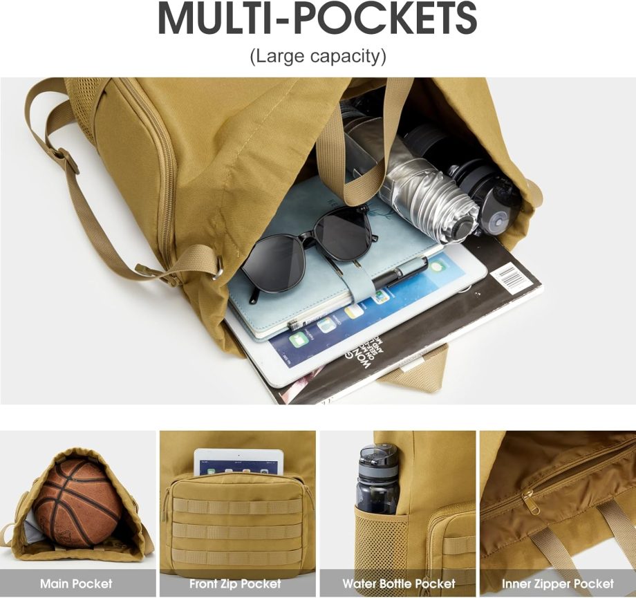 Drawstring Backpack Gym Backpack Soccer Basketball Bag with Shoes Compartment Tactical Water-Resistant String Sports Bag for Men Women(Tan)