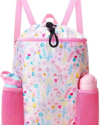 Drawstring Backpack for Kids - Swim Bags for Girls Beach Swimming Pool Lightweight Draw String Bags Waterproof Sports Gym Bag With Two Water Bottle Holder