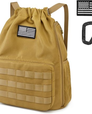 Drawstring Backpack Gym Backpack Soccer Basketball Bag with Shoes Compartment Tactical Water-Resistant String Sports Bag for Men Women(Tan)