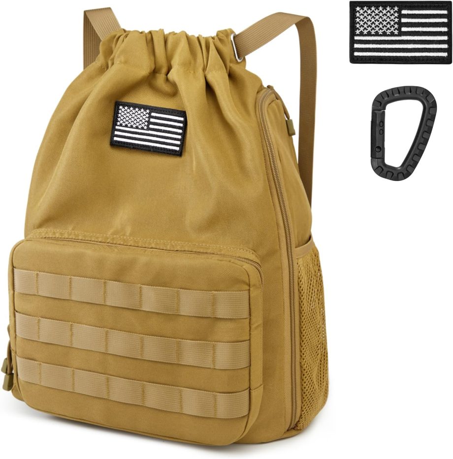 Drawstring Backpack Gym Backpack Soccer Basketball Bag with Shoes Compartment Tactical Water-Resistant String Sports Bag for Men Women(Tan)