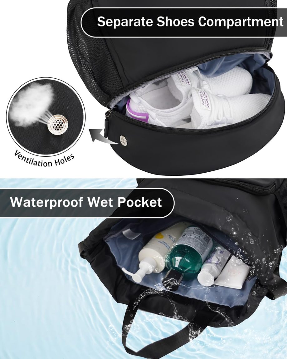 Drawstring Backpack Gym Backpack with Shoe Compartment for Men Women String Sports Bag with Wet Pocket Cinch Swim Beach Bag, Black (Patent Pending)