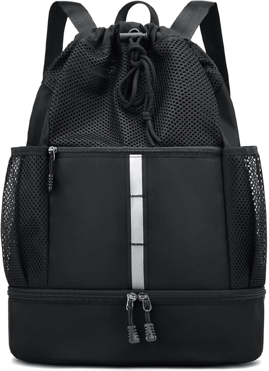 Drawstring Gym Bag for Men/Women - Mesh Beach Swim Bags Sports Backpack with Wet Pocket&Shoe Compartment, Lightweight