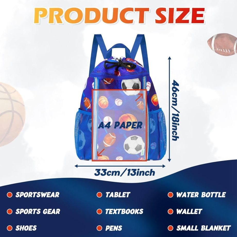 Kids Gym Drawstring Backpack String Bag, Ball Sports Gym Bag for Kids Boys Waterproof Swimming Beach String Cinch Backpack with Two Water Bottle Pocket