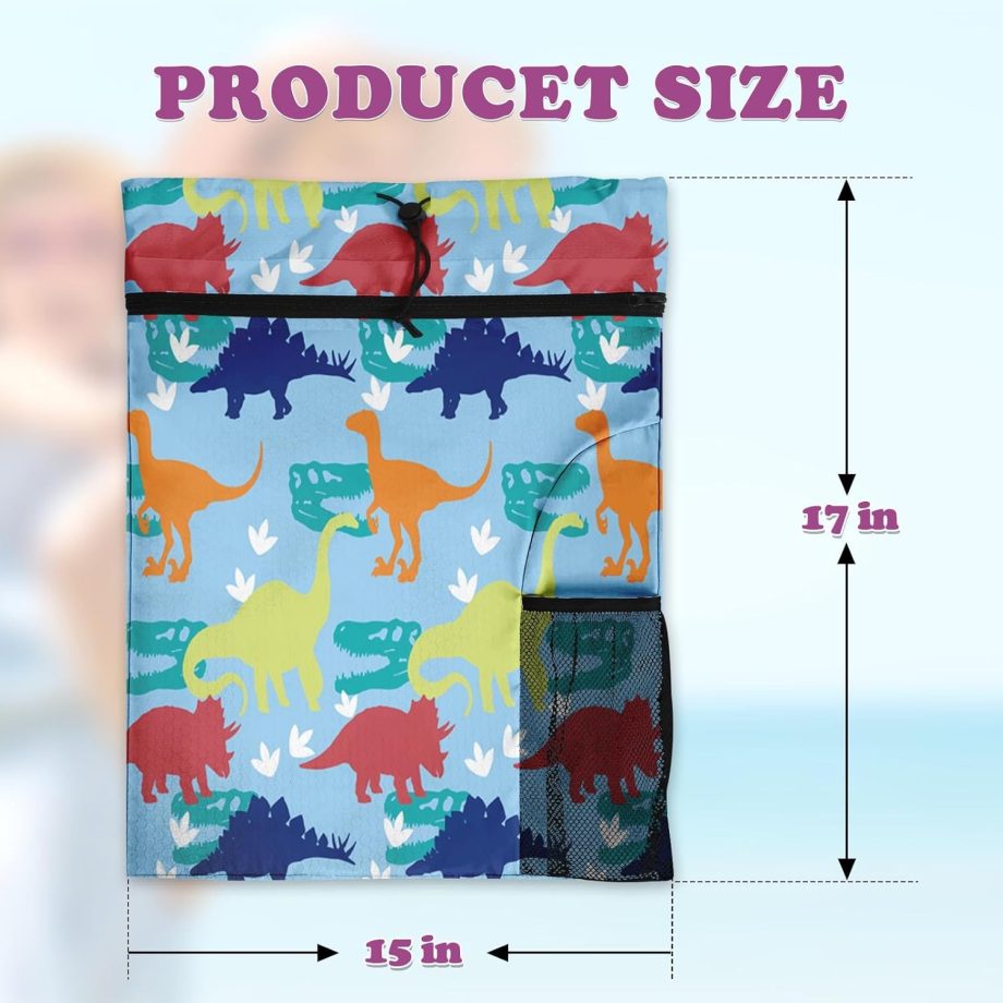 Dinosaur Drawstring Backpack, 15” x 17” Waterproof Swim Bag for Beach Swimming Pool, Lightweight Foldable Gym Bag with Water Bottle Holder for Sports Tl