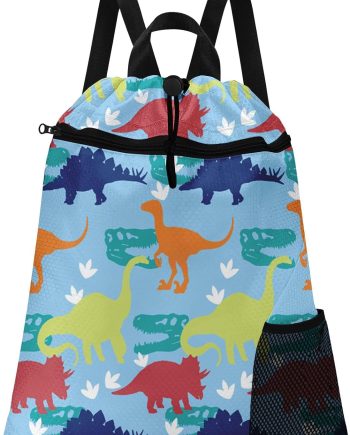 Dinosaur Drawstring Backpack, 15” x 17” Waterproof Swim Bag for Beach Swimming Pool, Lightweight Foldable Gym Bag with Water Bottle Holder for Sports Tl