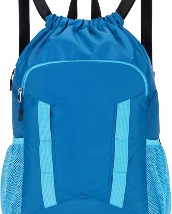 Drawstring Backpack for Kids Sports Gym Bag with Shoes Compartment, Water Resistant Beach Swim Bag String Backpack for Boys and Girls, Blue