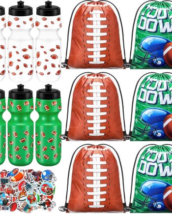 12 Pcs 24 Oz Football Water Bottle Bulk Drawstring Bag and 50 Sticker Set Include 6 Football Theme Squeeze Water Bottle 6 Drawstring Backpack for Team Gifts Sport Events Party Favors