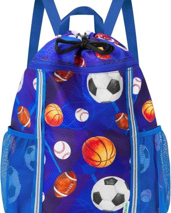 Kids Gym Drawstring Backpack String Bag, Ball Sports Gym Bag for Kids Boys Waterproof Swimming Beach String Cinch Backpack with Two Water Bottle Pocket