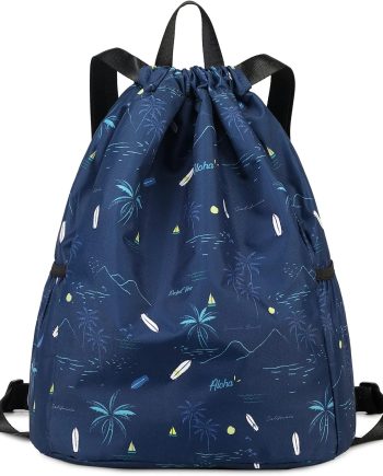 Drawstring Backpack for Kids - Coconut Tree Bags for Girls Mini Gym Dance Beach Swim Tl Bag With Two Water Bottle Holder Dark Blue Clinch Bag