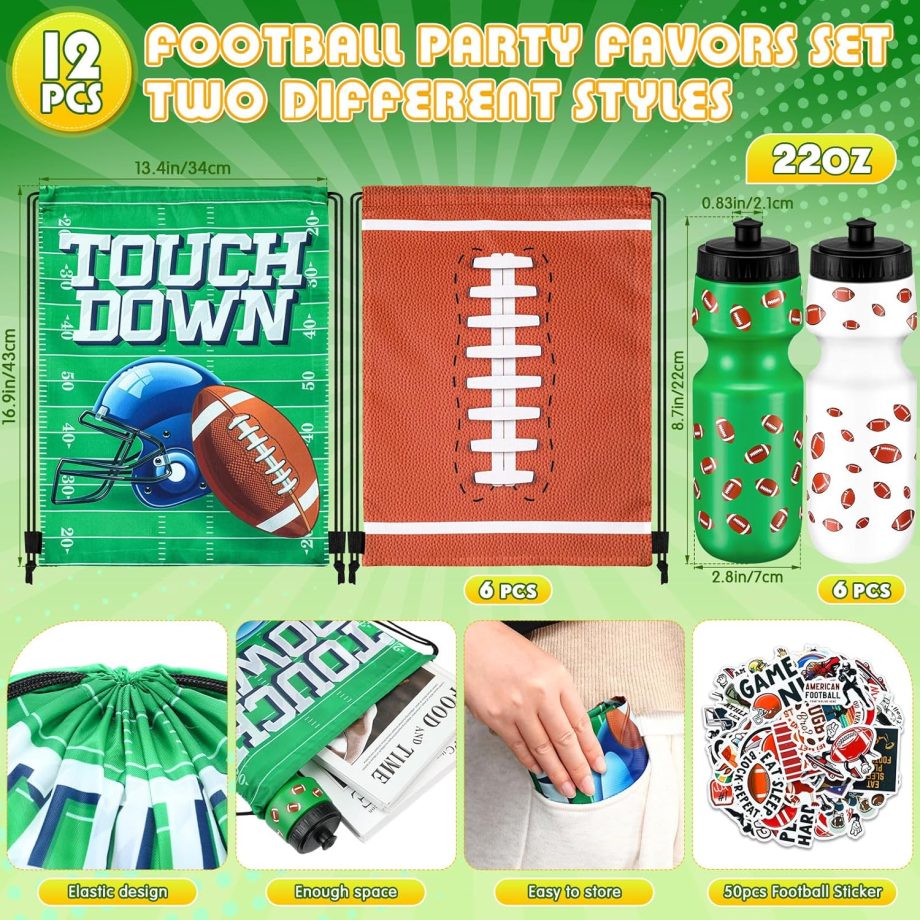 12 Pcs 24 Oz Football Water Bottle Bulk Drawstring Bag and 50 Sticker Set Include 6 Football Theme Squeeze Water Bottle 6 Drawstring Backpack for Team Gifts Sport Events Party Favors