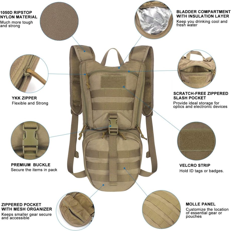 Tactical Hydration Packs Backpack 1050D with 3L Water Bladder, Thermal Insulation Pack Keeps Liquid Cool up to 4 Hours for Hiking, Cycling, Hunting and Climbing