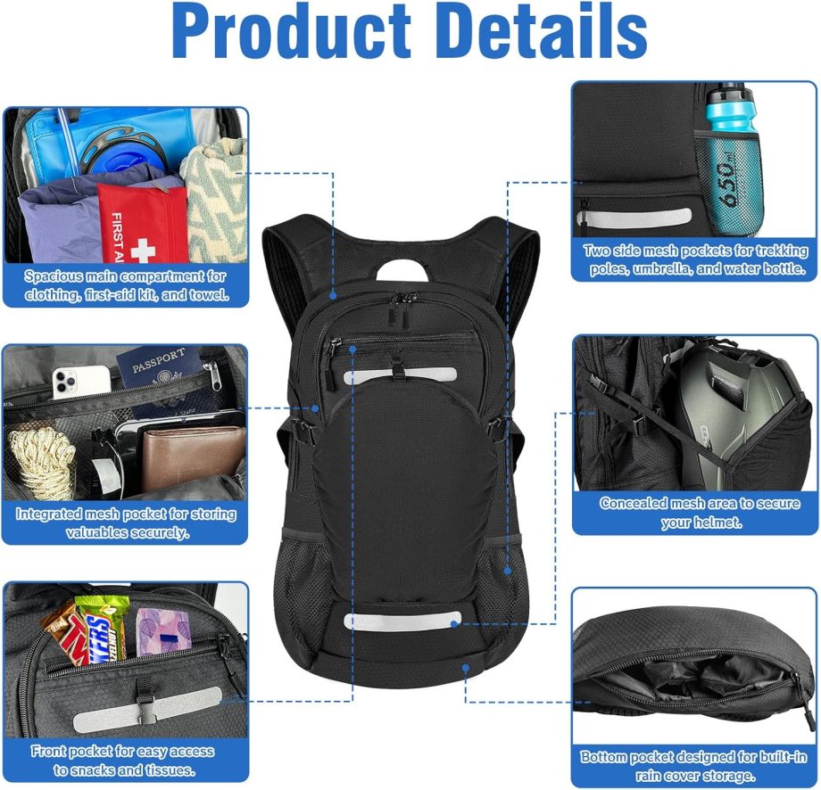 18L Water-Resistant Hydration Backpack Fits for 2L/3L Water Bladder – Hidden Helmet Compartment & Detachable Rain Cover – Insulated Hiking Daypack for Cycling, Camping, Running (Men/Women)